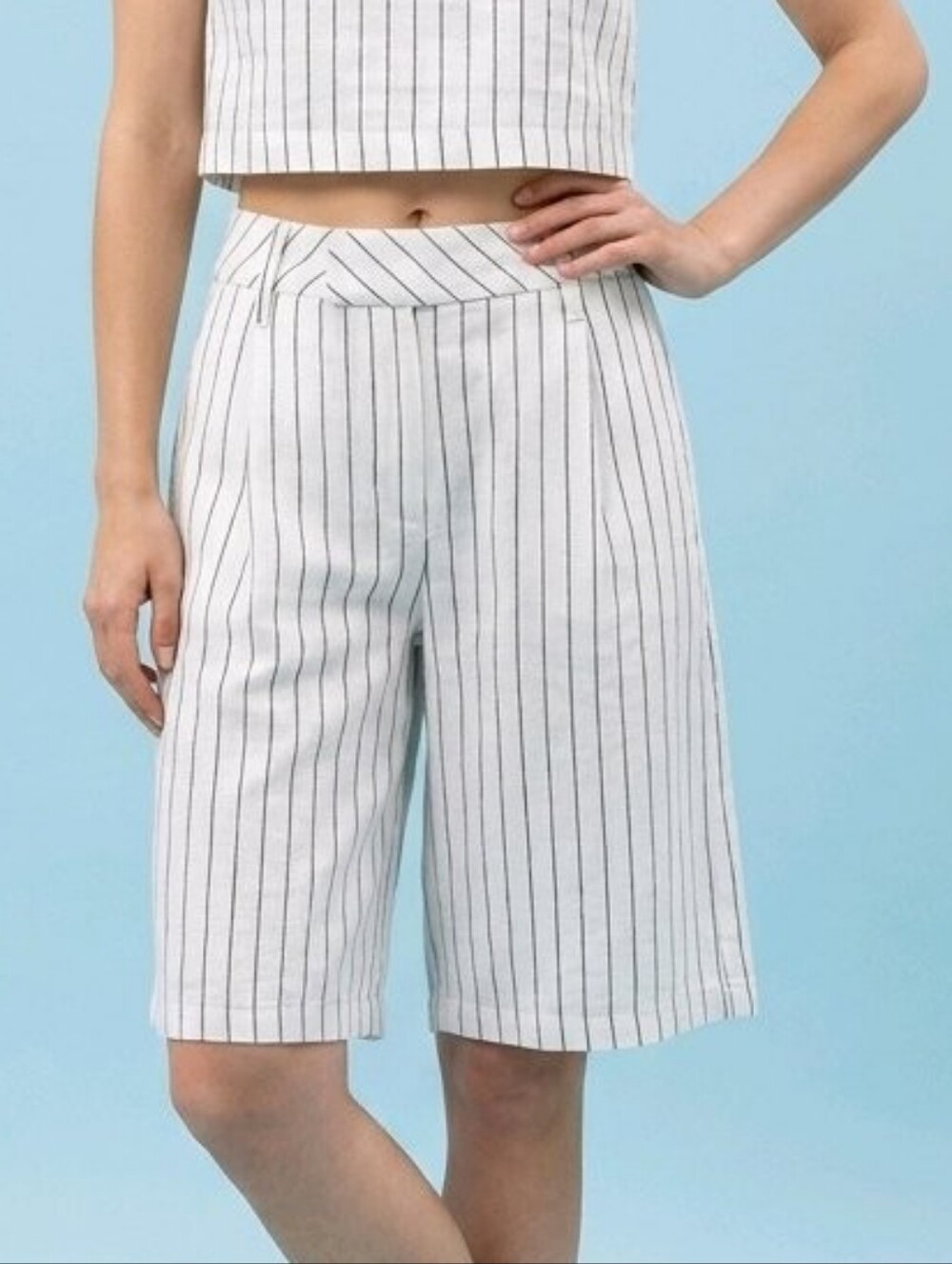 H&M White Pinstripe Linen Bermuda Shorts